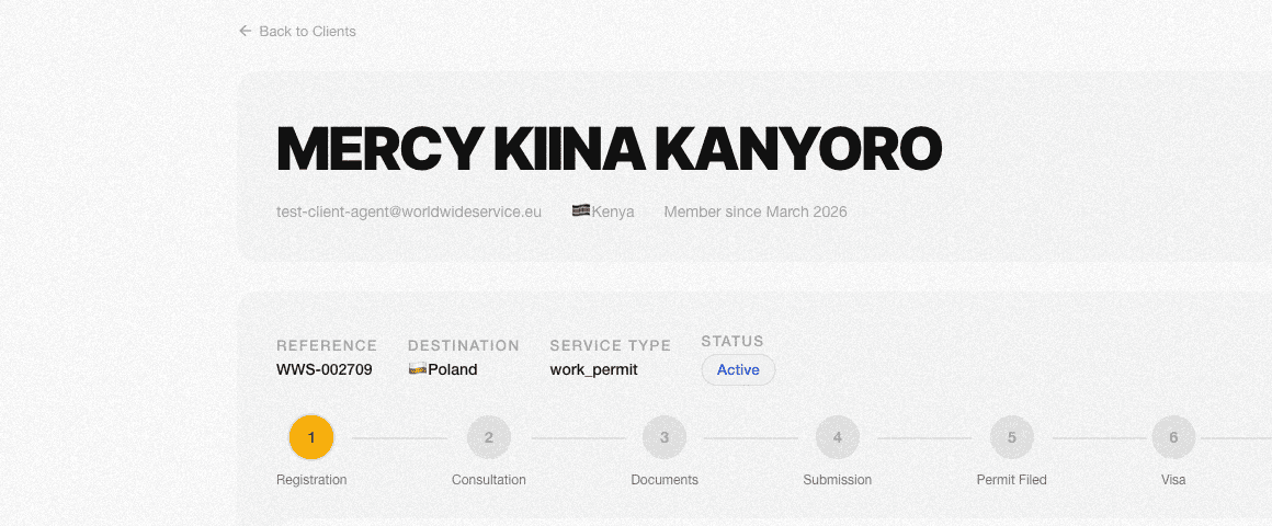 7-step application tracking — Registration to Arrived