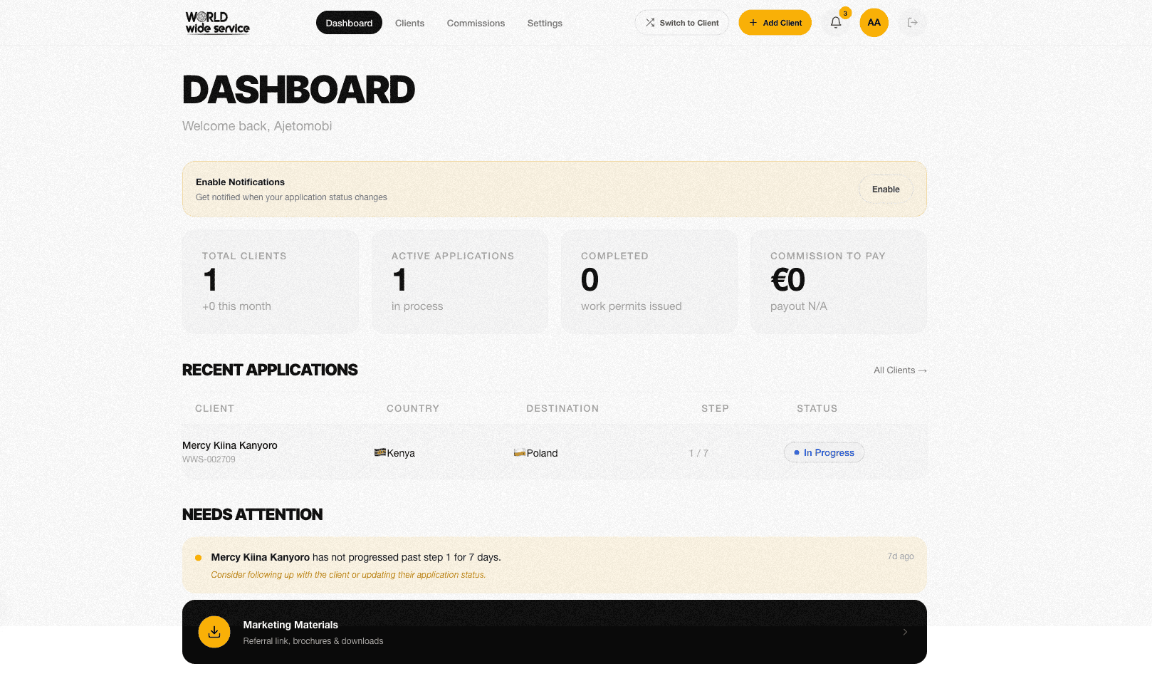 Agent Portal Dashboard — real-time KPI cards, recent applications table, and attention alerts